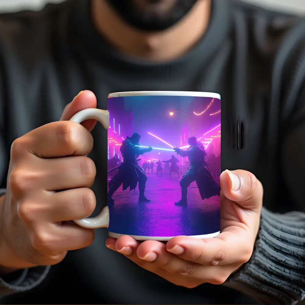 Neon Lightsaber Duel Cyberpunk City Street – Mugs