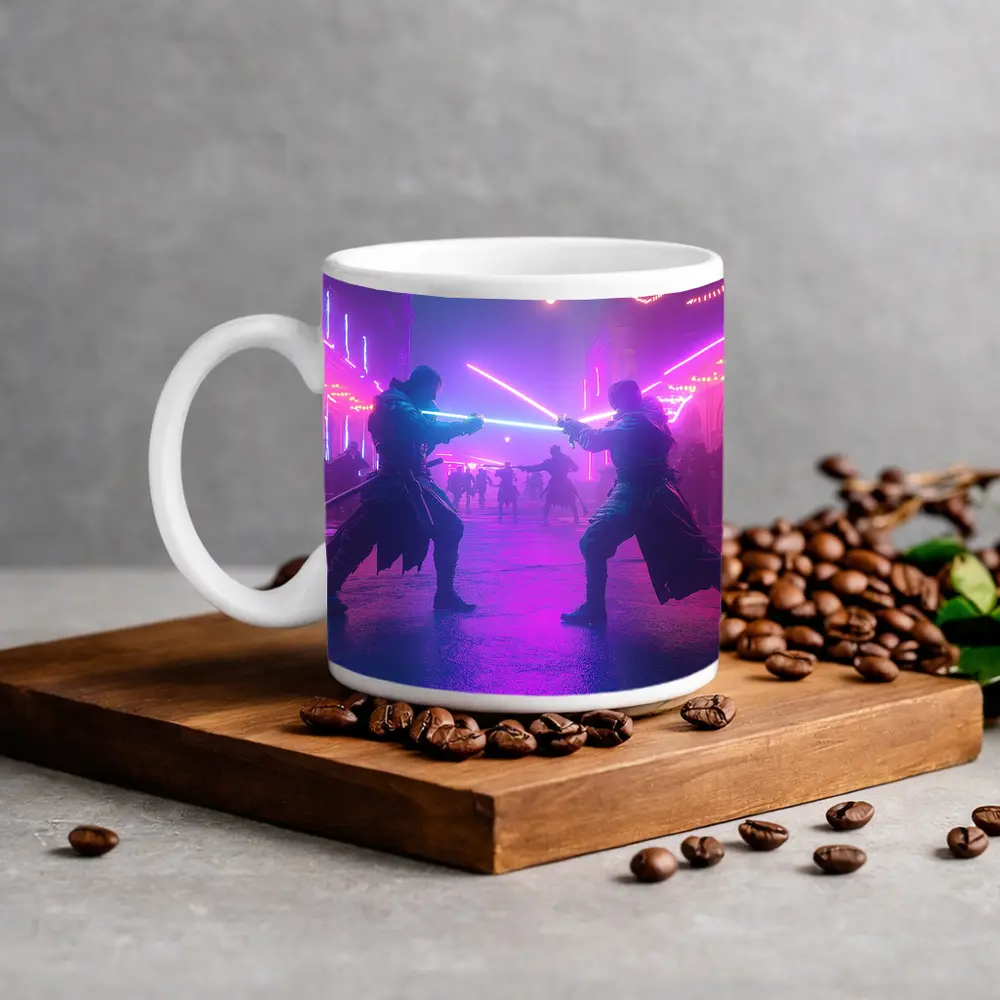 Neon Lightsaber Duel Cyberpunk City Street – Mugs