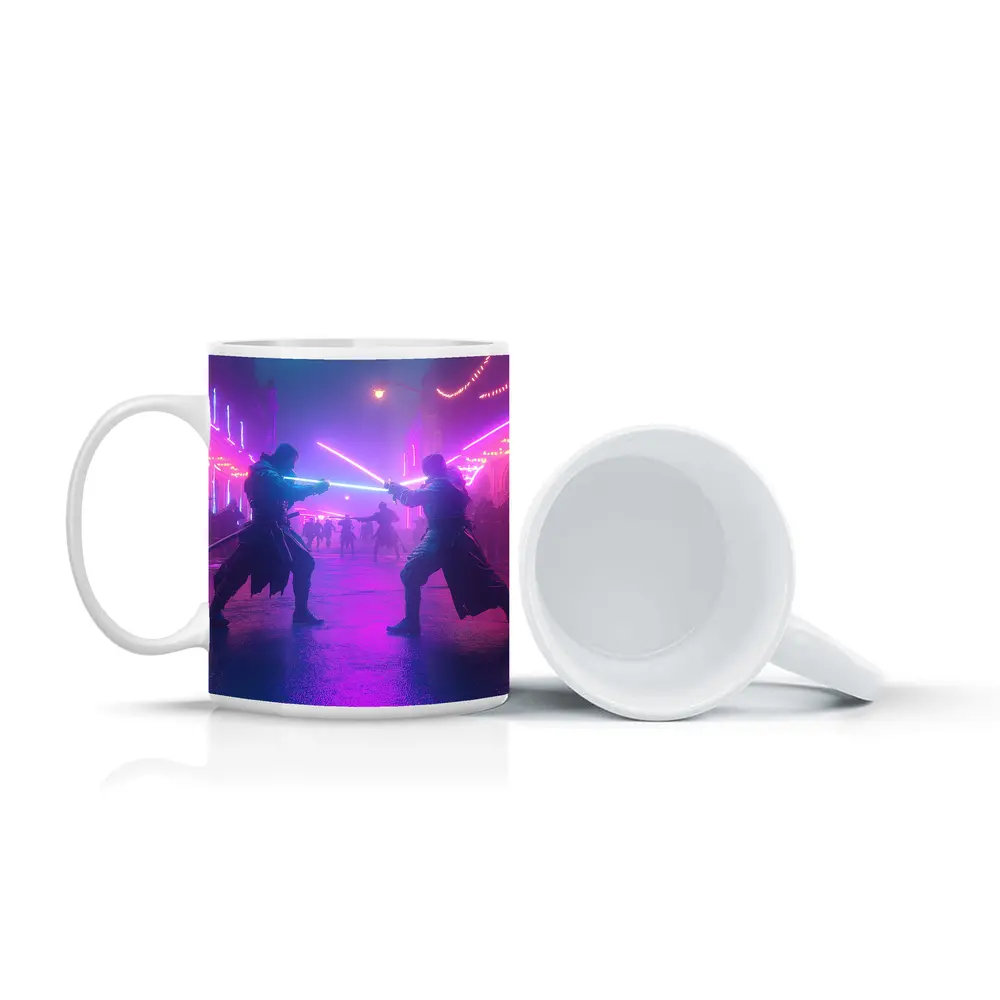 Neon Lightsaber Duel Cyberpunk City Street – Mugs