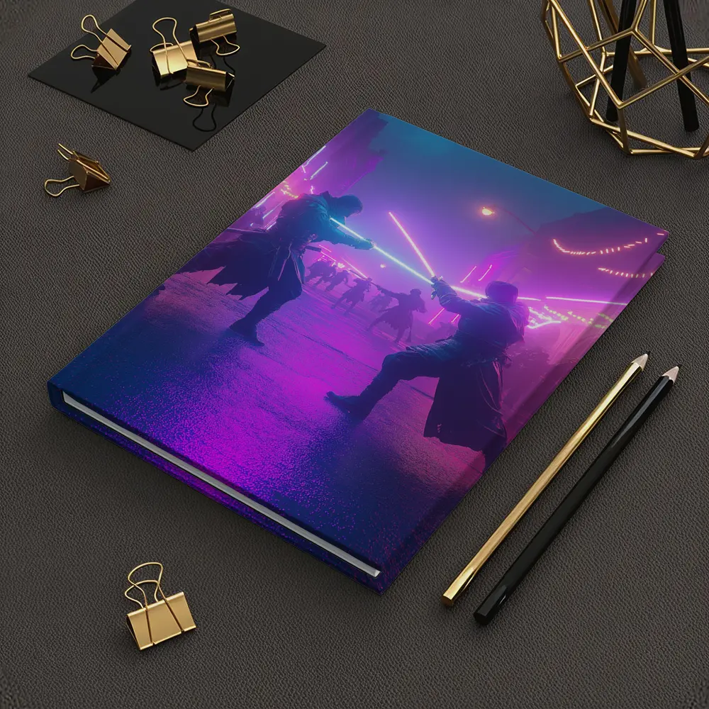 Neon Lightsaber Duel Cyberpunk City Street – Notebooks