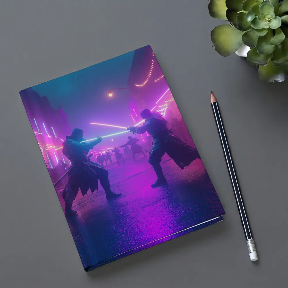 Neon Lightsaber Duel Cyberpunk City Street – Notebooks