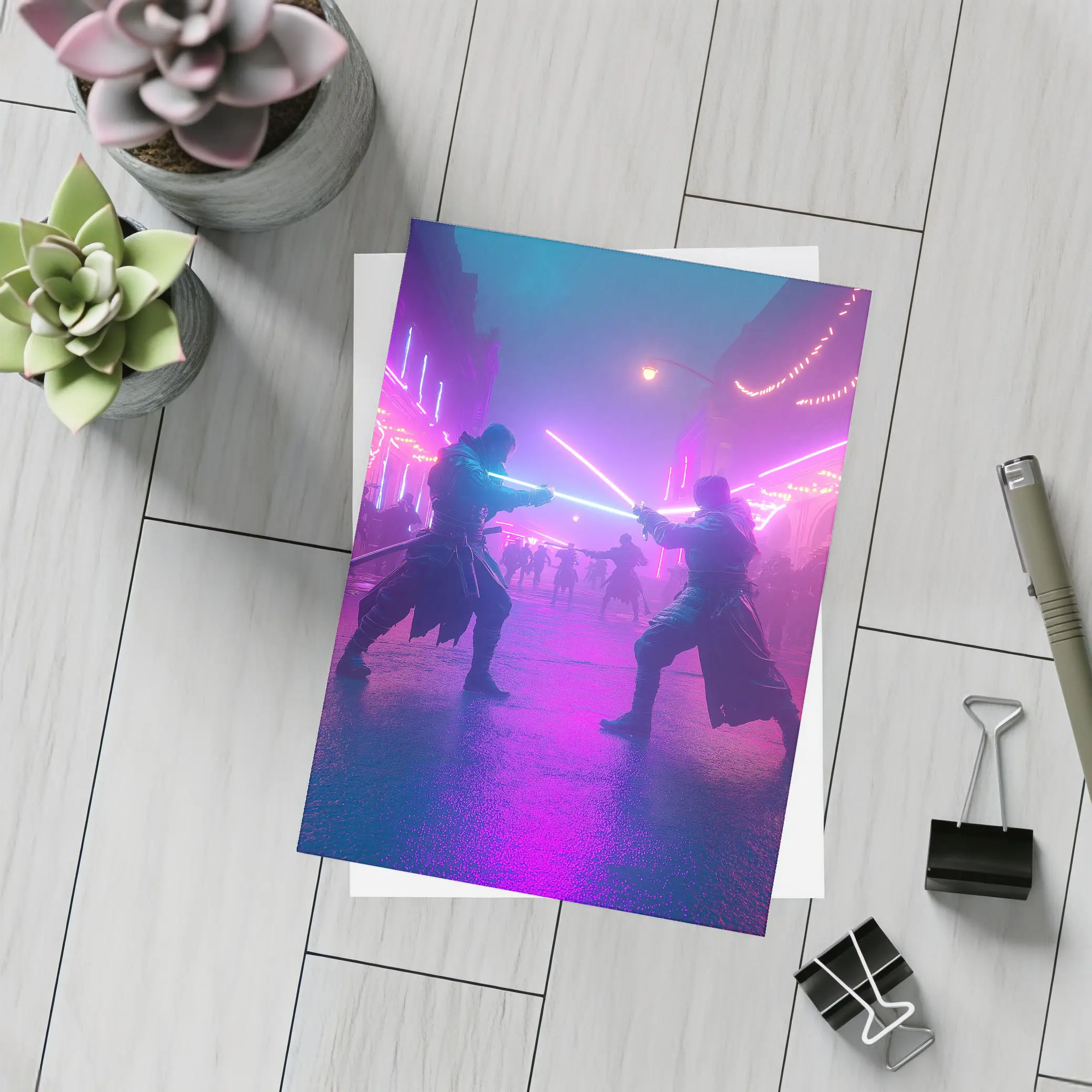 Neon Lightsaber Duel Cyberpunk City Street – Postcards