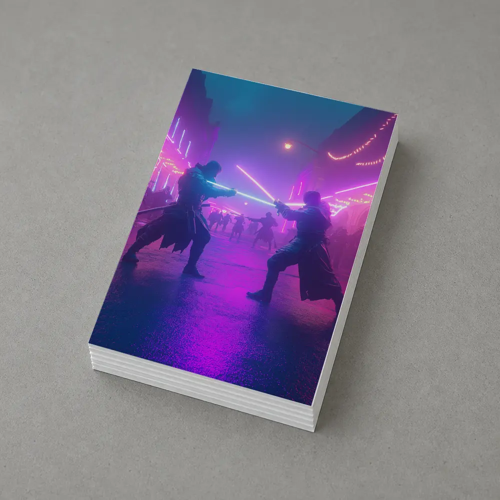 Neon Lightsaber Duel Cyberpunk City Street – Postcards