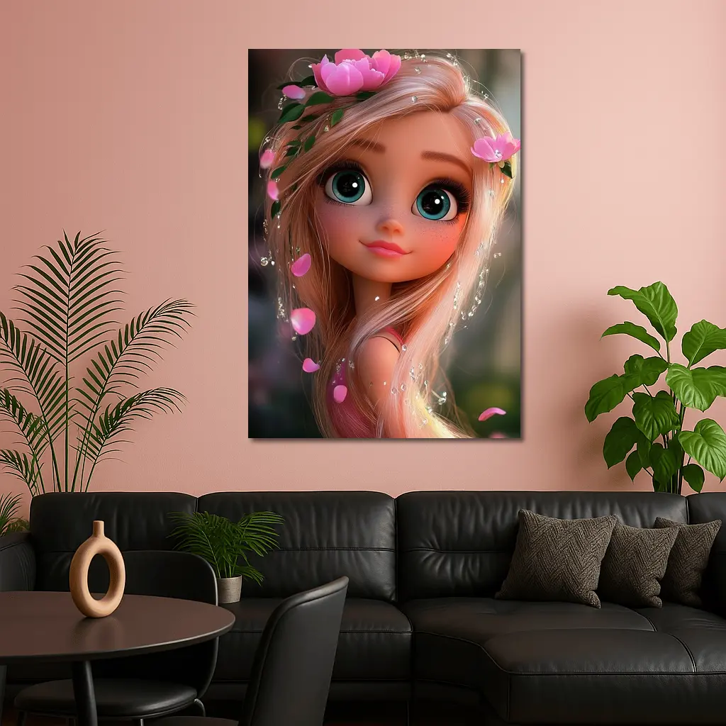 Cartoon Girl Pink Flowers Fantasy Garden – Wall Art