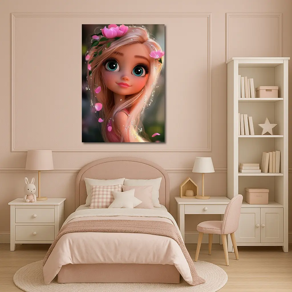Cartoon Girl Pink Flowers Fantasy Garden – Wall Art