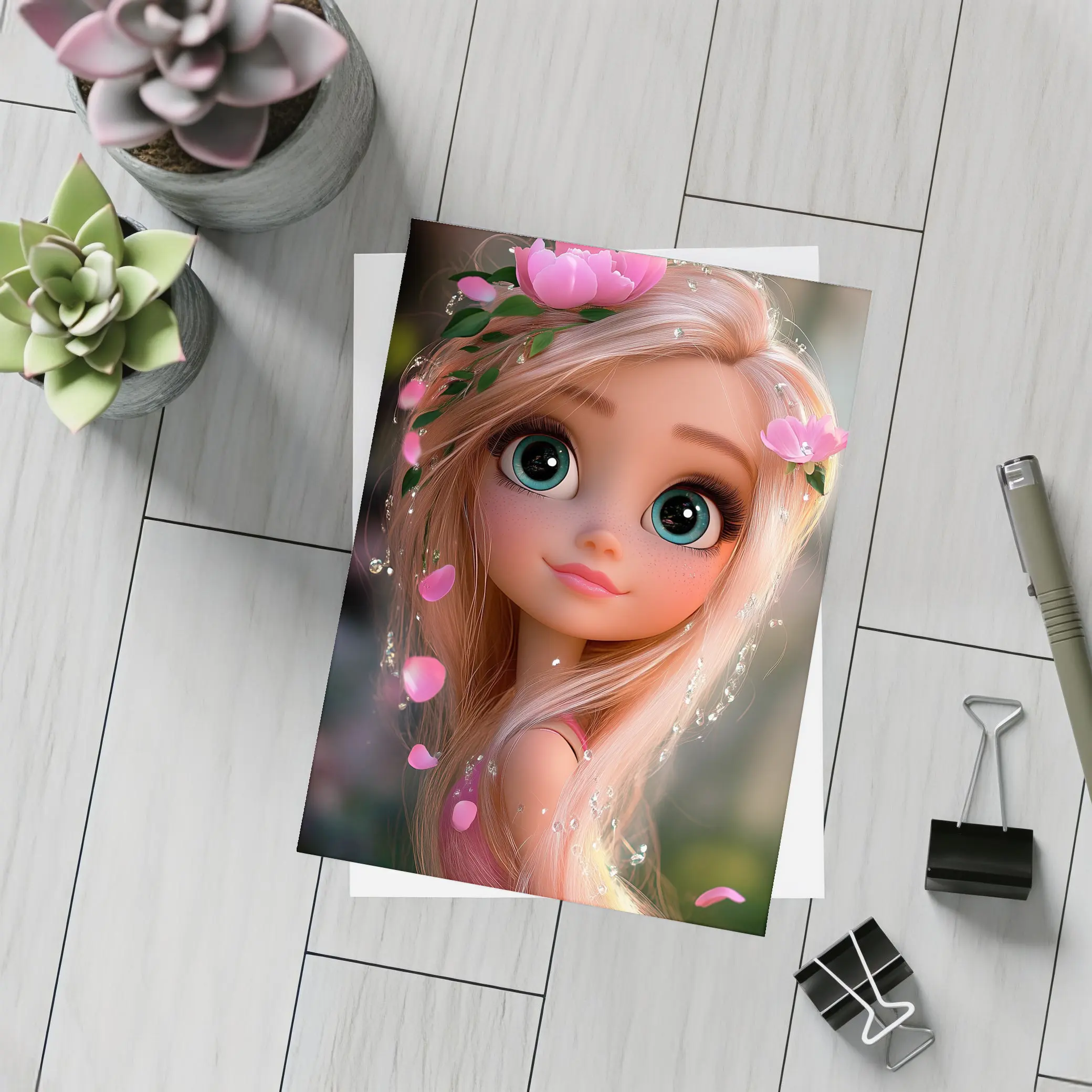 Cartoon Girl Pink Flowers Fantasy Garden – Postcards