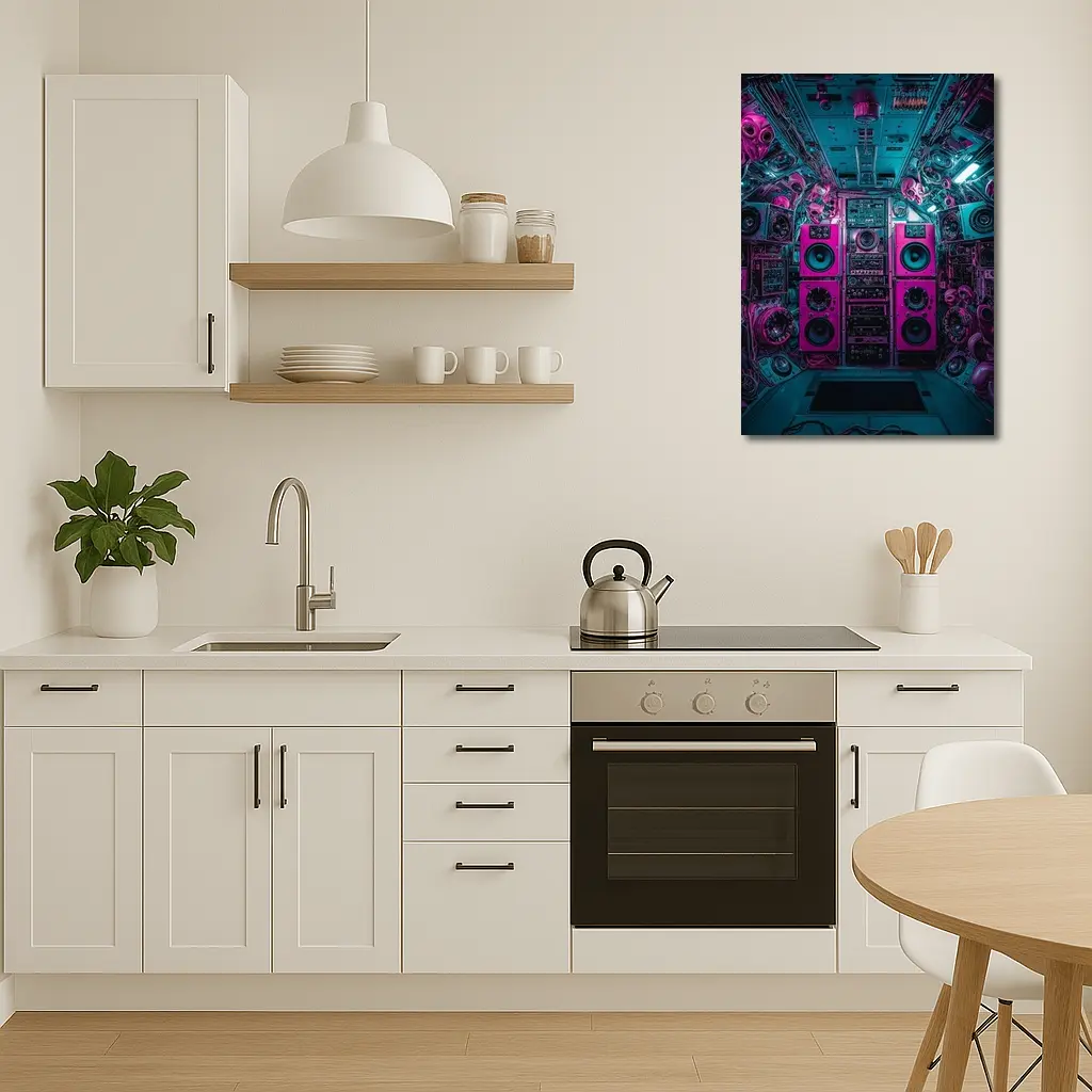 Neon Pink Speakers Inside Cyberpunk Control Room – Wall Art