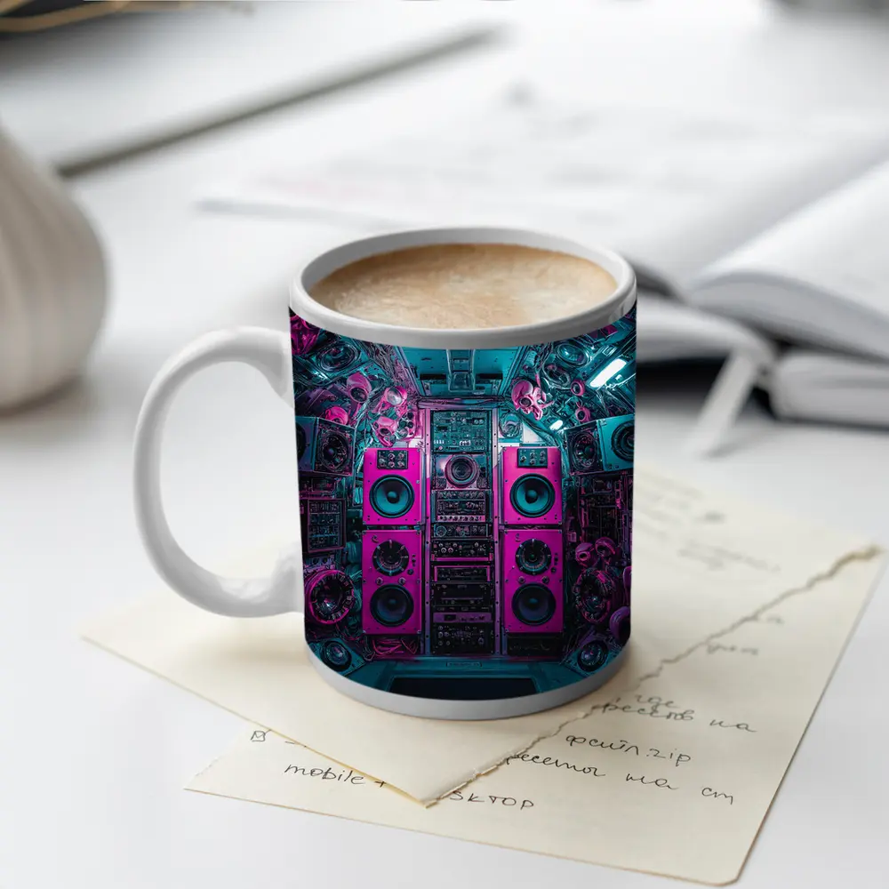 Neon Pink Speakers Inside Cyberpunk Control Room – Mugs