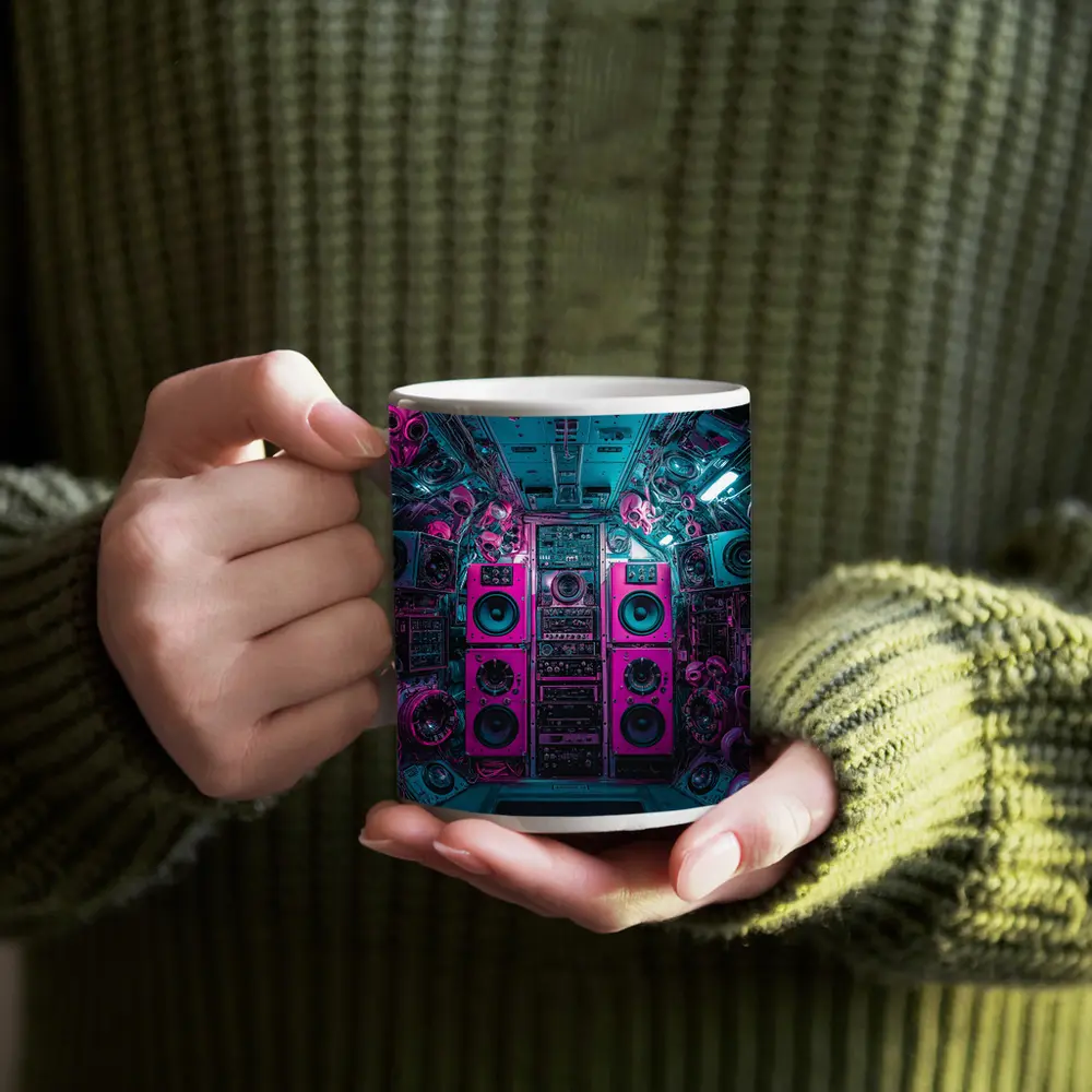 Neon Pink Speakers Inside Cyberpunk Control Room – Mugs