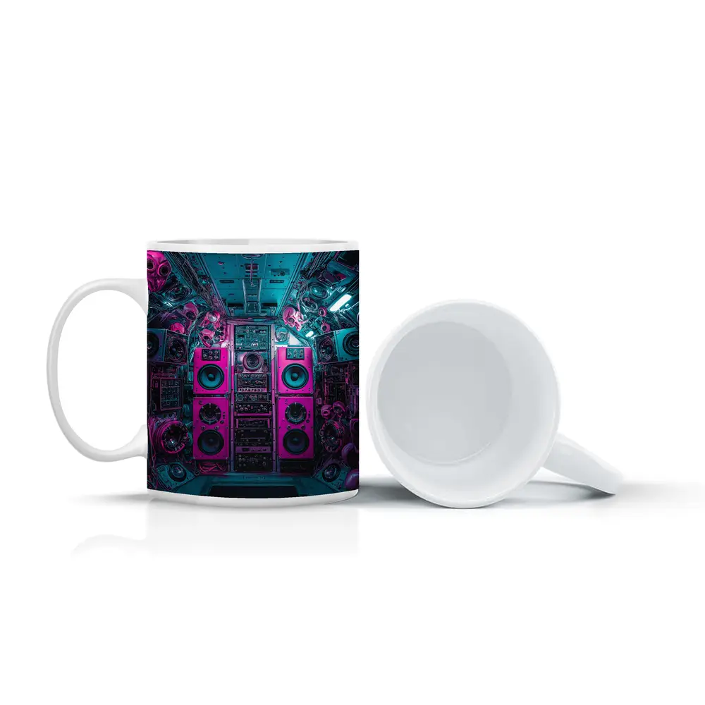 Neon Pink Speakers Inside Cyberpunk Control Room – Mugs