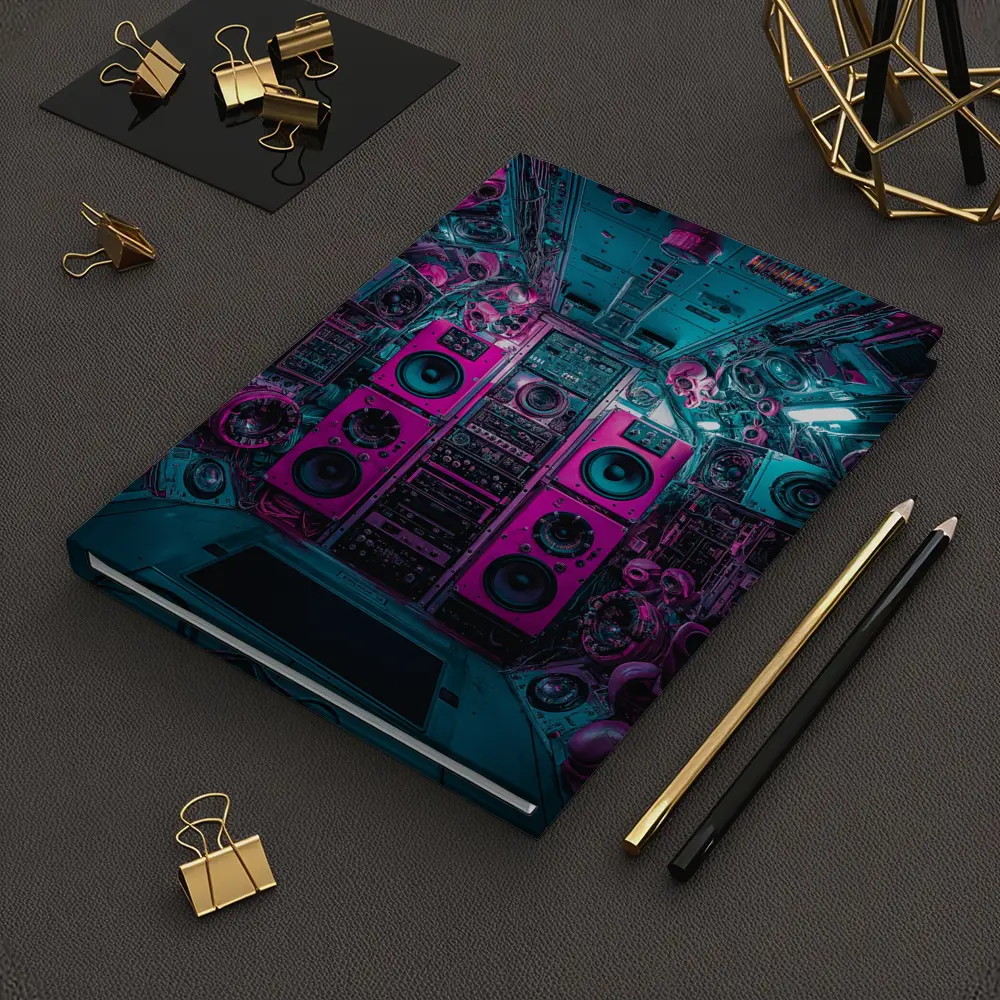 Neon Pink Speakers Inside Cyberpunk Control Room – Notebooks