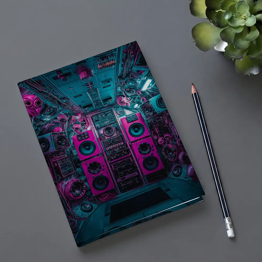 Neon Pink Speakers Inside Cyberpunk Control Room – Notebooks