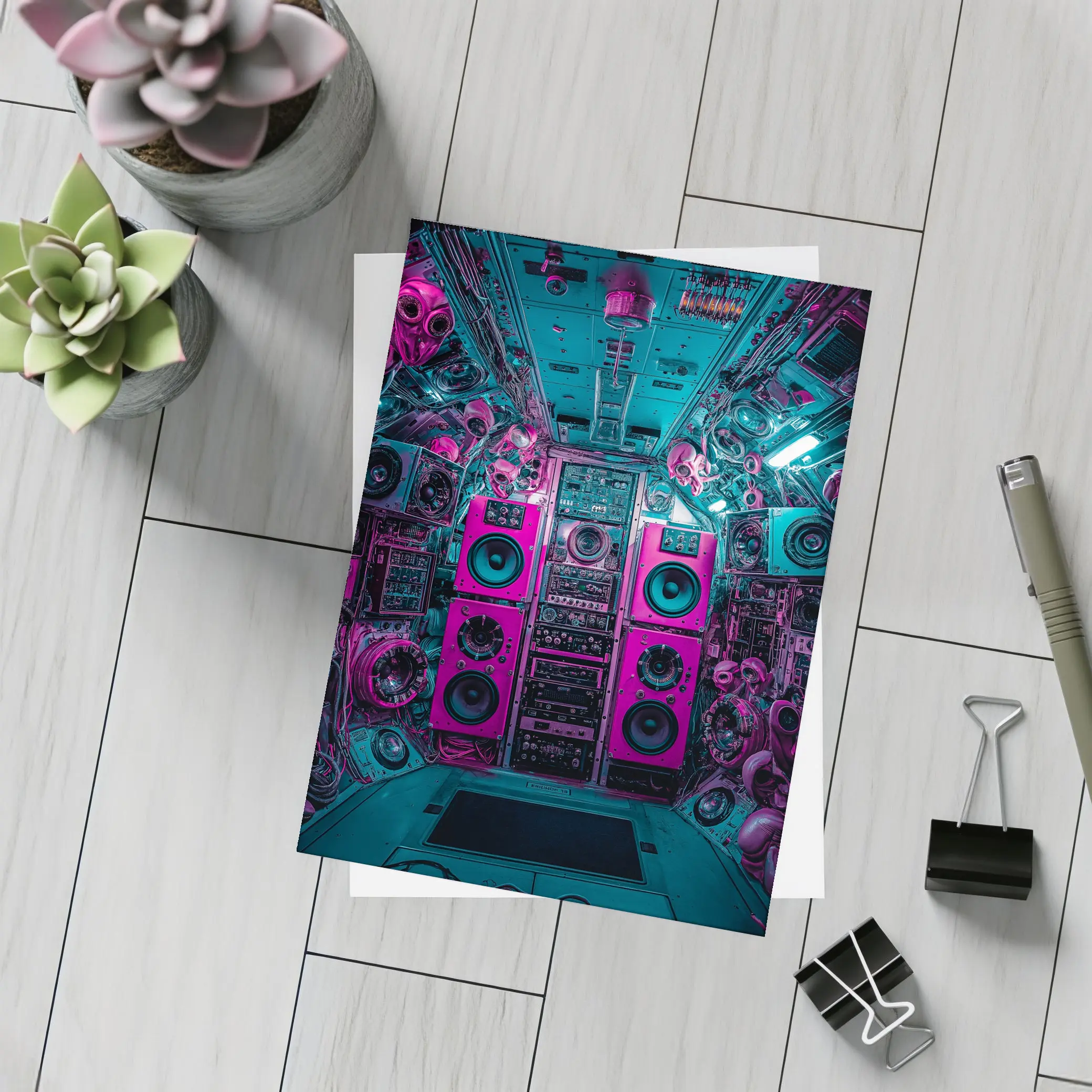Neon Pink Speakers Inside Cyberpunk Control Room – Postcards