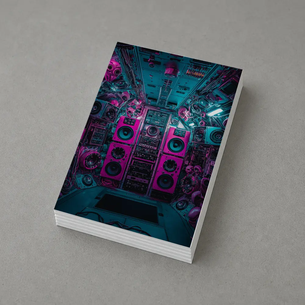 Neon Pink Speakers Inside Cyberpunk Control Room – Postcards