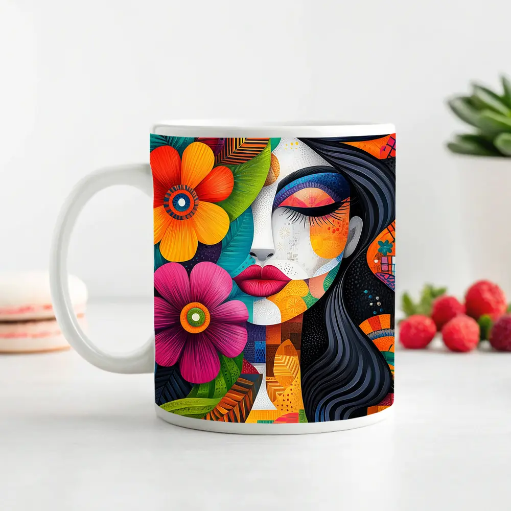 Colorful Floral Woman Abstract Pop Art – Mugs