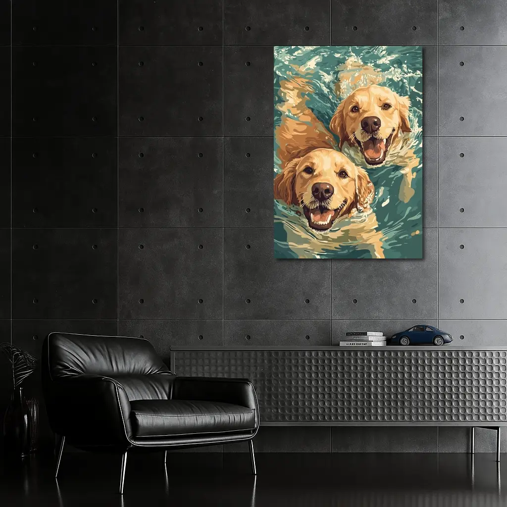 Two Golden Retrievers Swimming in Water – Wall Art