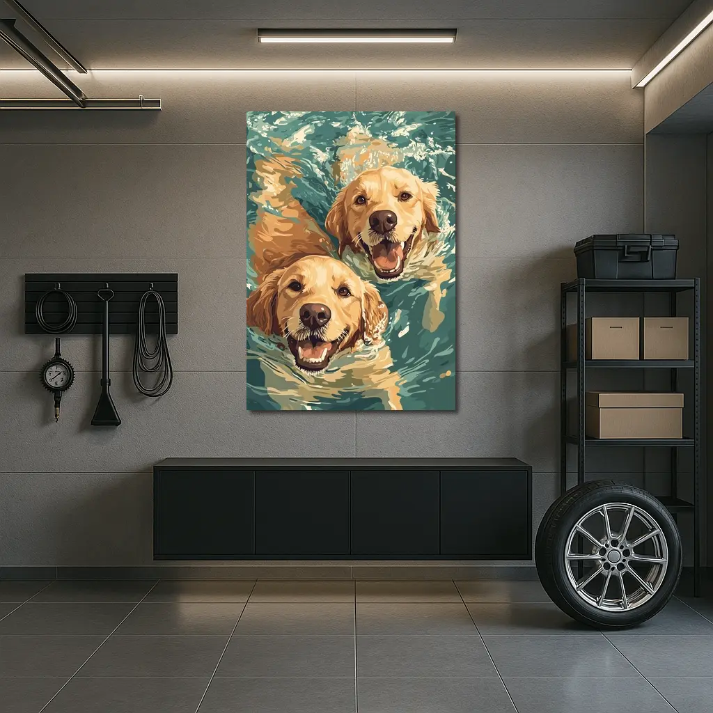 Two Golden Retrievers Swimming in Water – Wall Art