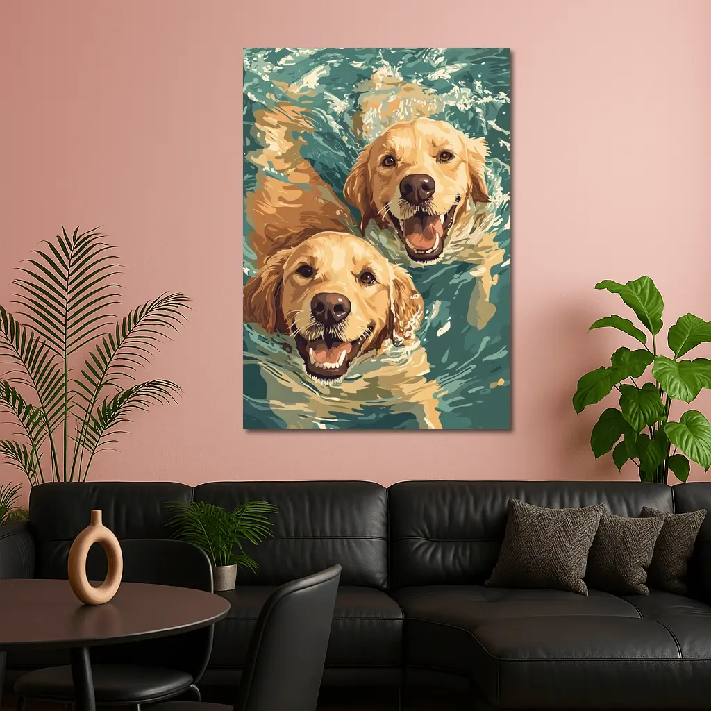 Two Golden Retrievers Swimming in Water – Wall Art