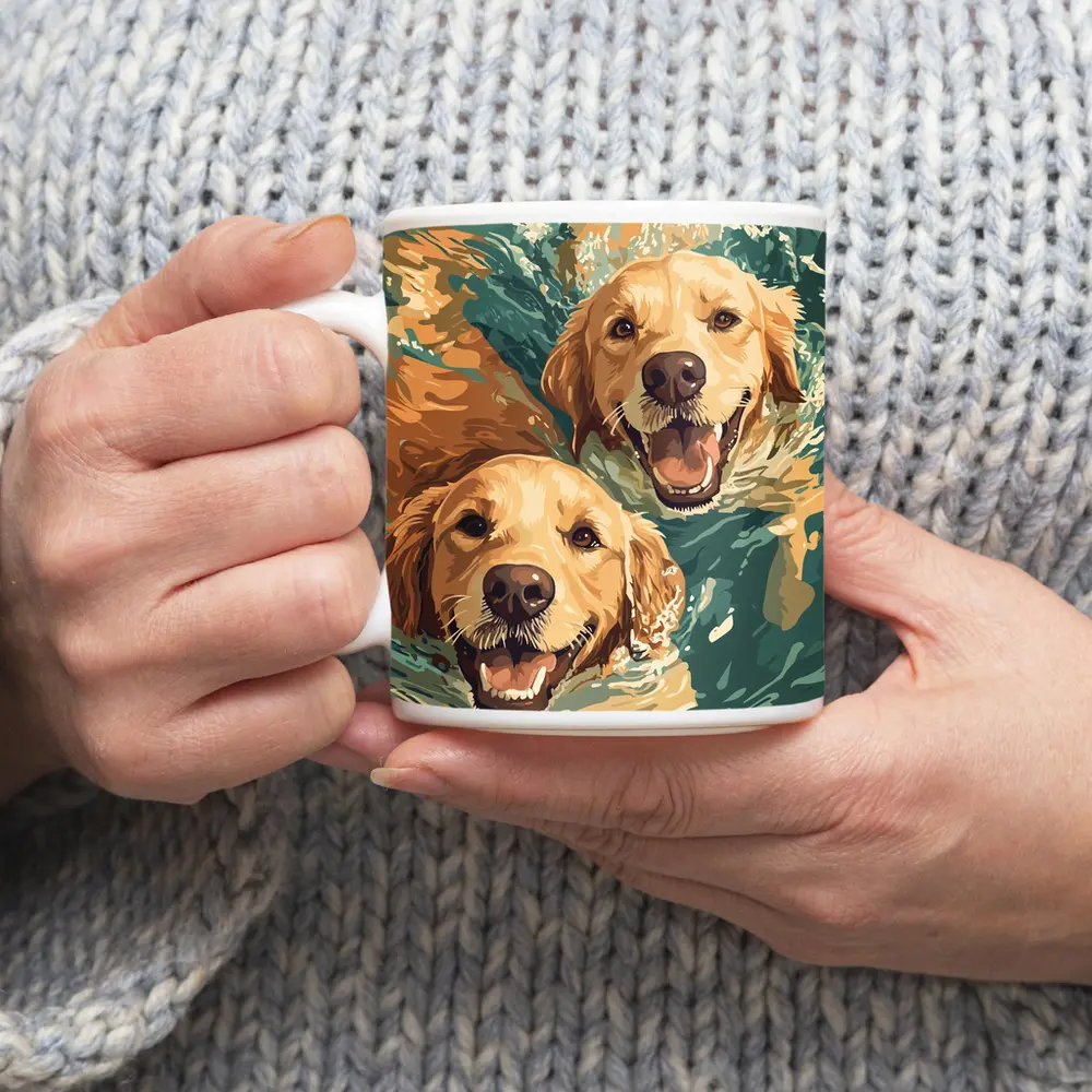 Two Golden Retrievers Swimming in Water – Mugs