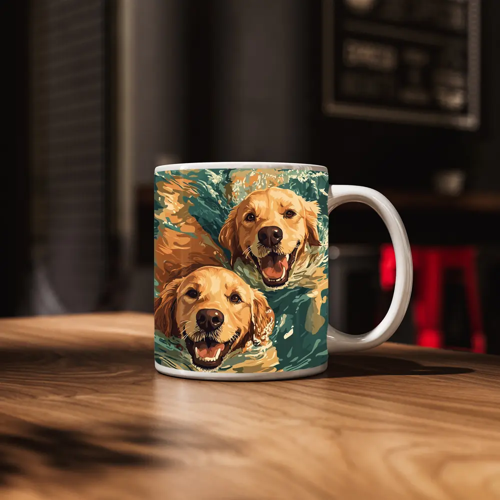 Two Golden Retrievers Swimming in Water – Mugs