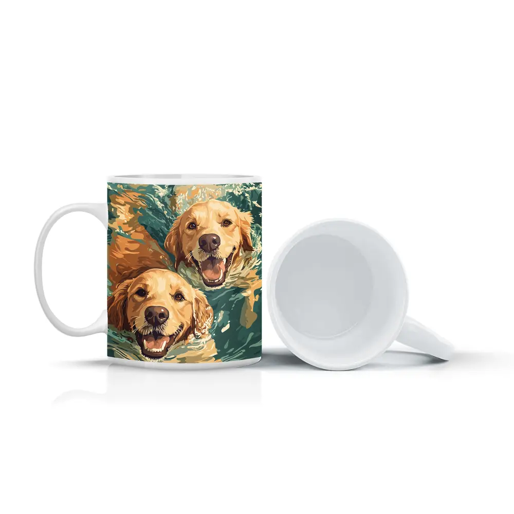 Two Golden Retrievers Swimming in Water – Mugs