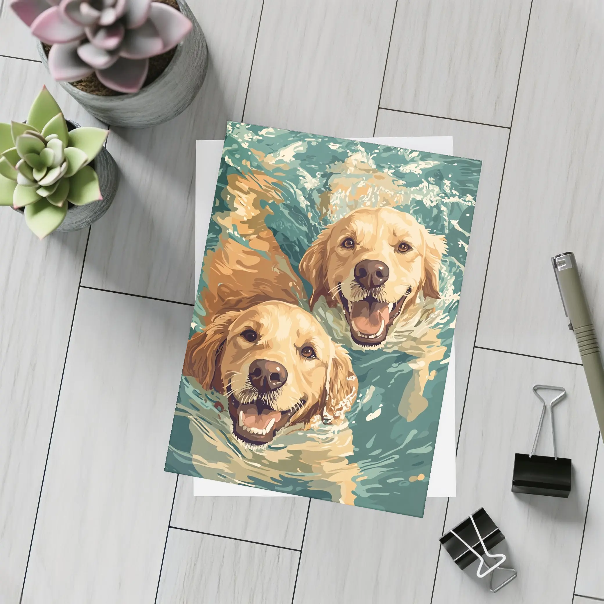 Two Golden Retrievers Swimming in Water – Postcards