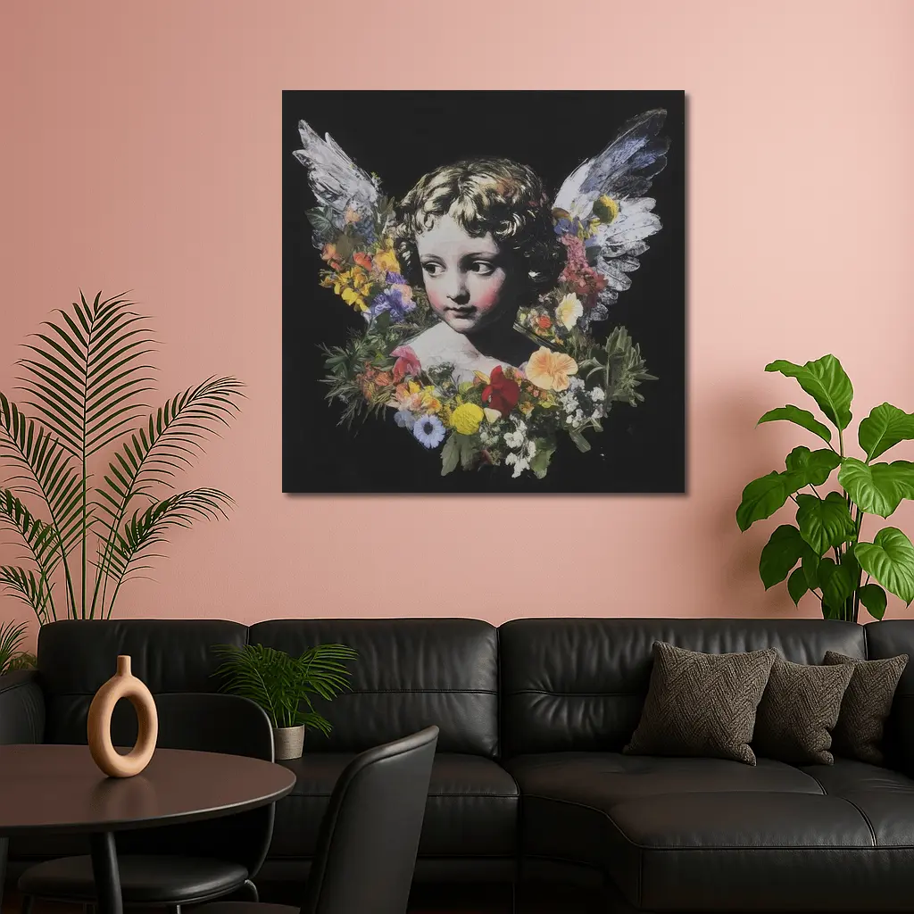 Angel Cherub Floral Wreath Black Background – Wall Art