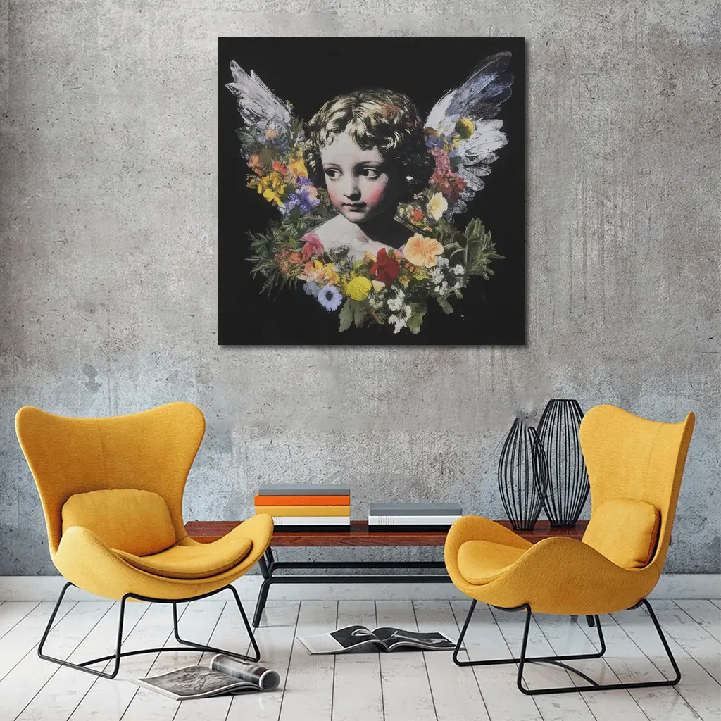 Angel Cherub Floral Wreath Black Background – Wall Art