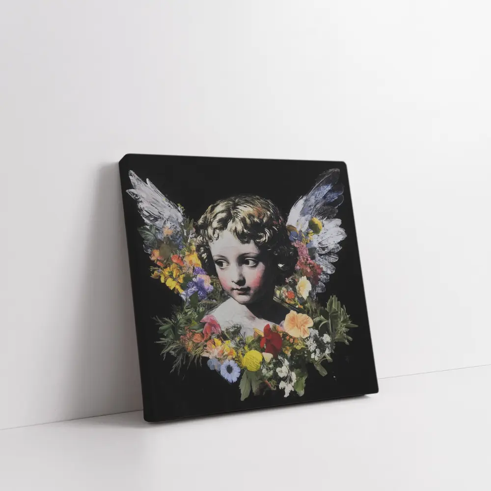 Angel Cherub Floral Wreath Black Background – Wall Art