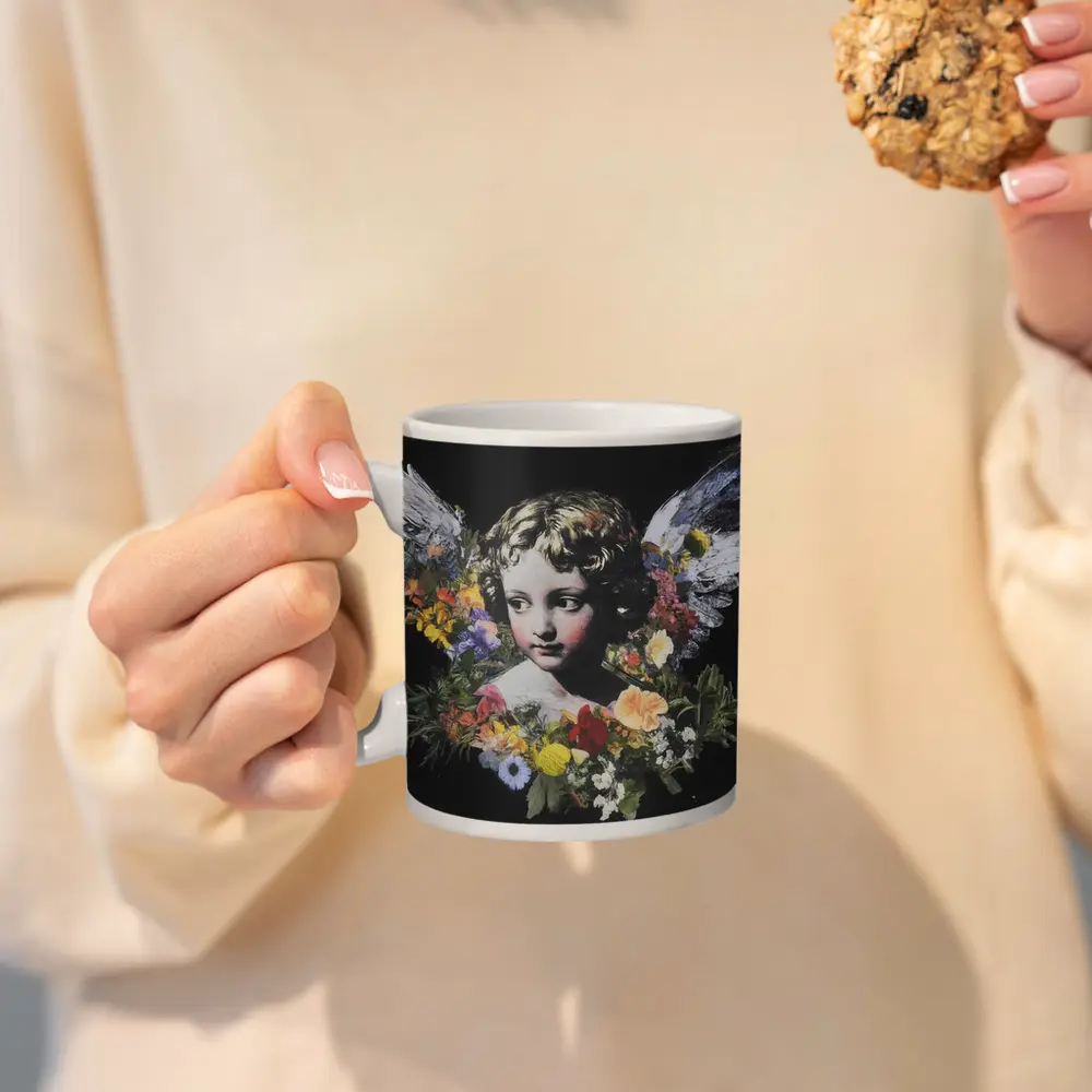 Angel Cherub Floral Wreath Black Background – Mugs