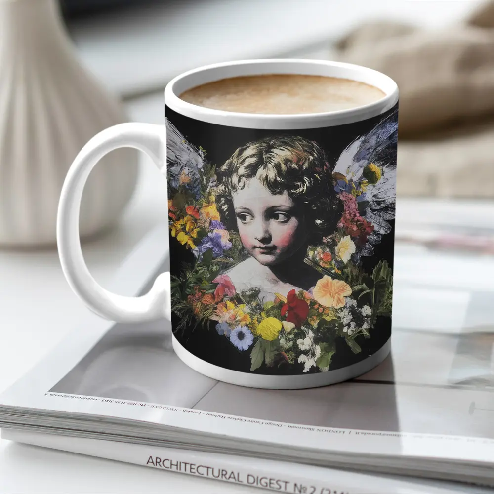 Angel Cherub Floral Wreath Black Background – Mugs