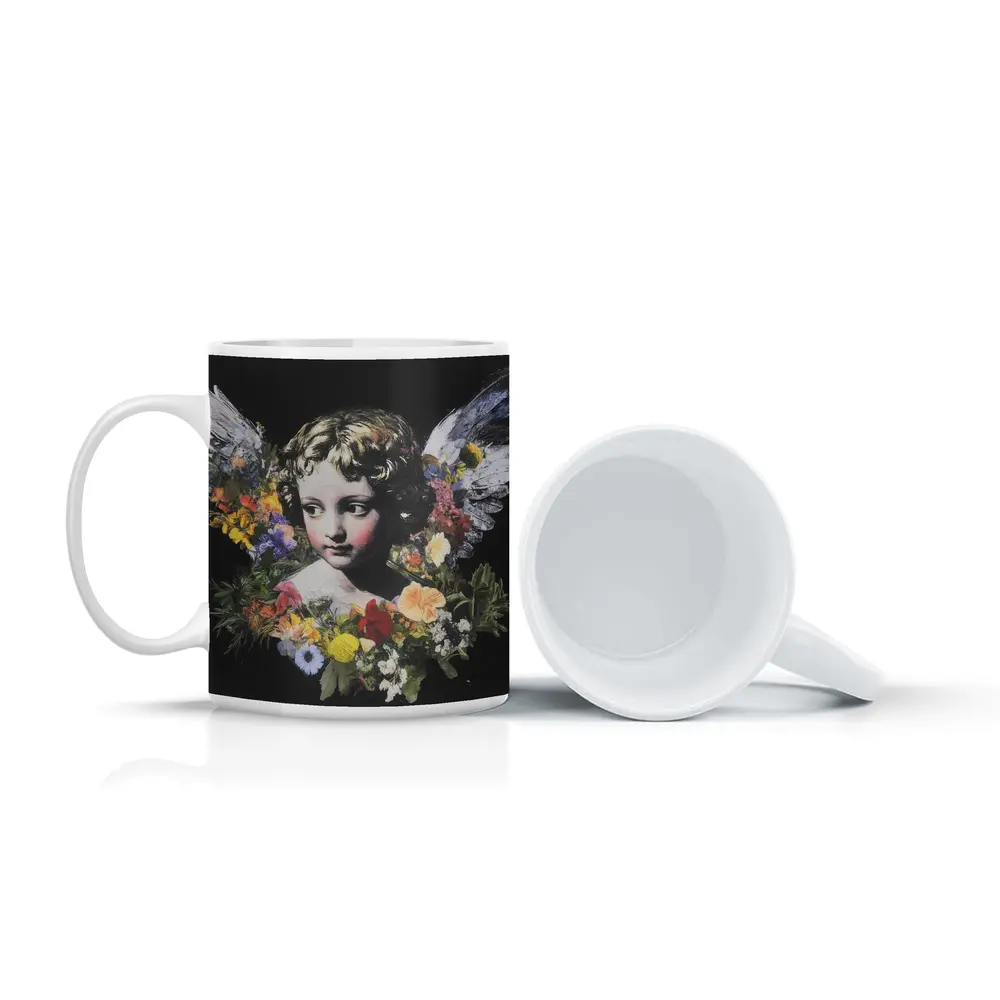 Angel Cherub Floral Wreath Black Background – Mugs