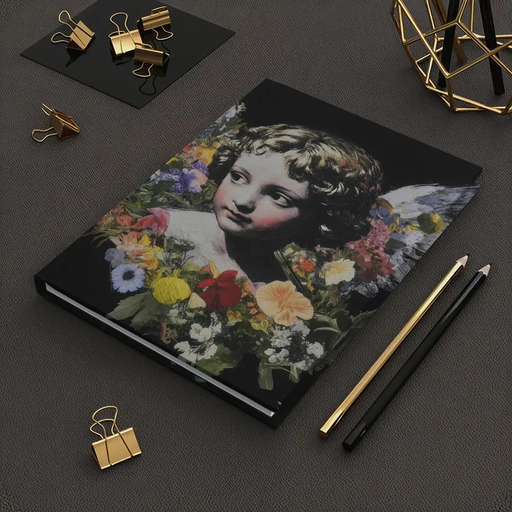 Angel Cherub Floral Wreath Black Background – Notebooks