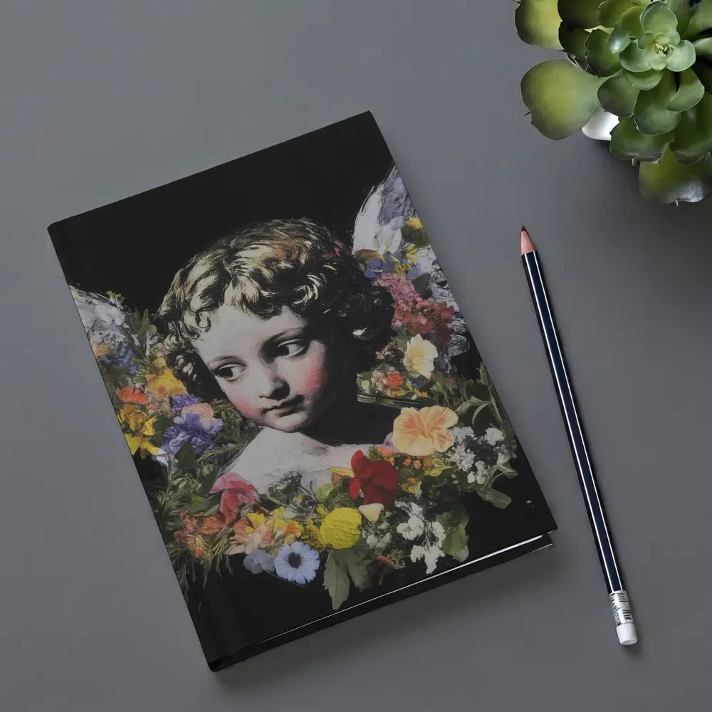 Angel Cherub Floral Wreath Black Background – Notebooks
