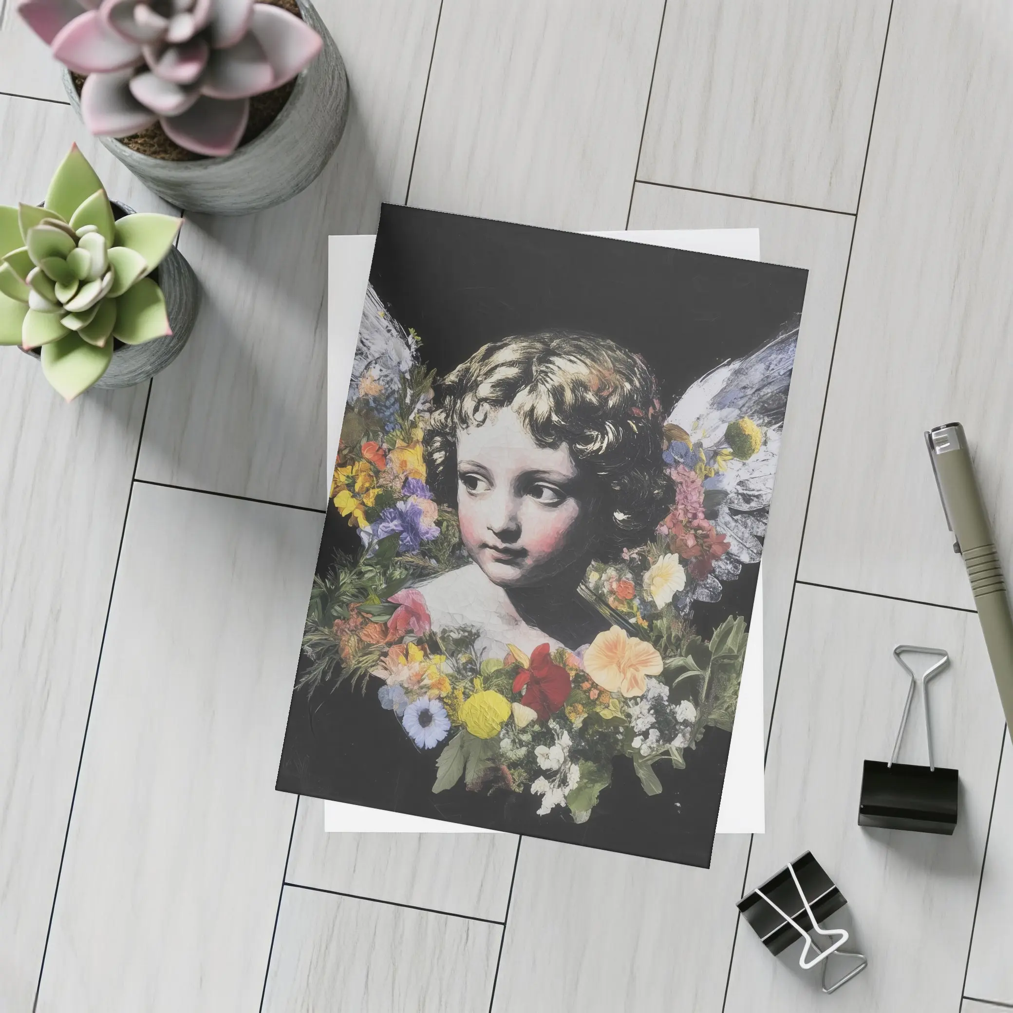 Angel Cherub Floral Wreath Black Background – Postcards
