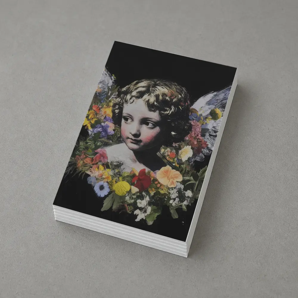 Angel Cherub Floral Wreath Black Background – Postcards