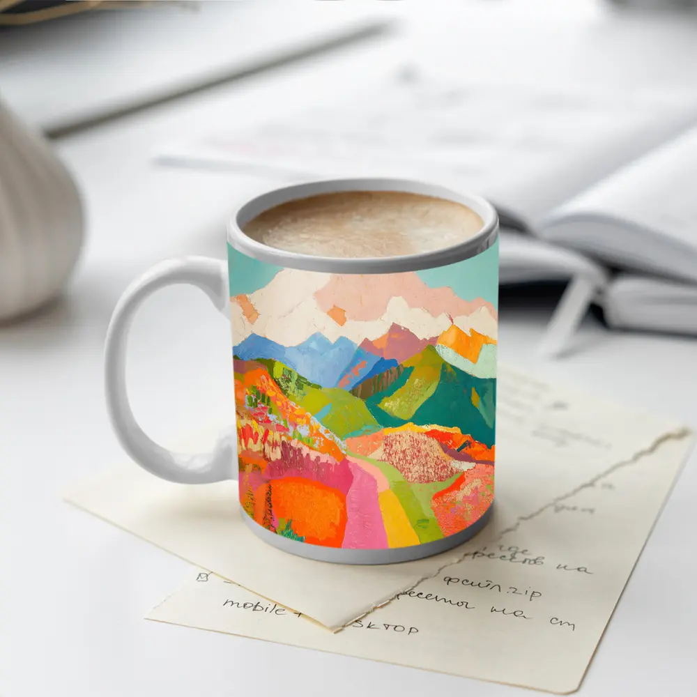 Colorful Mountain Valley Landscape Painting Art – Mugs