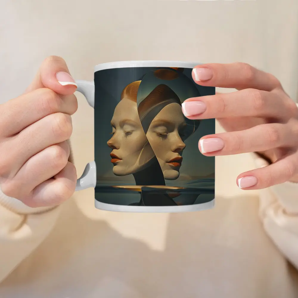 Surreal Double Face Portrait With Orange – Mugs