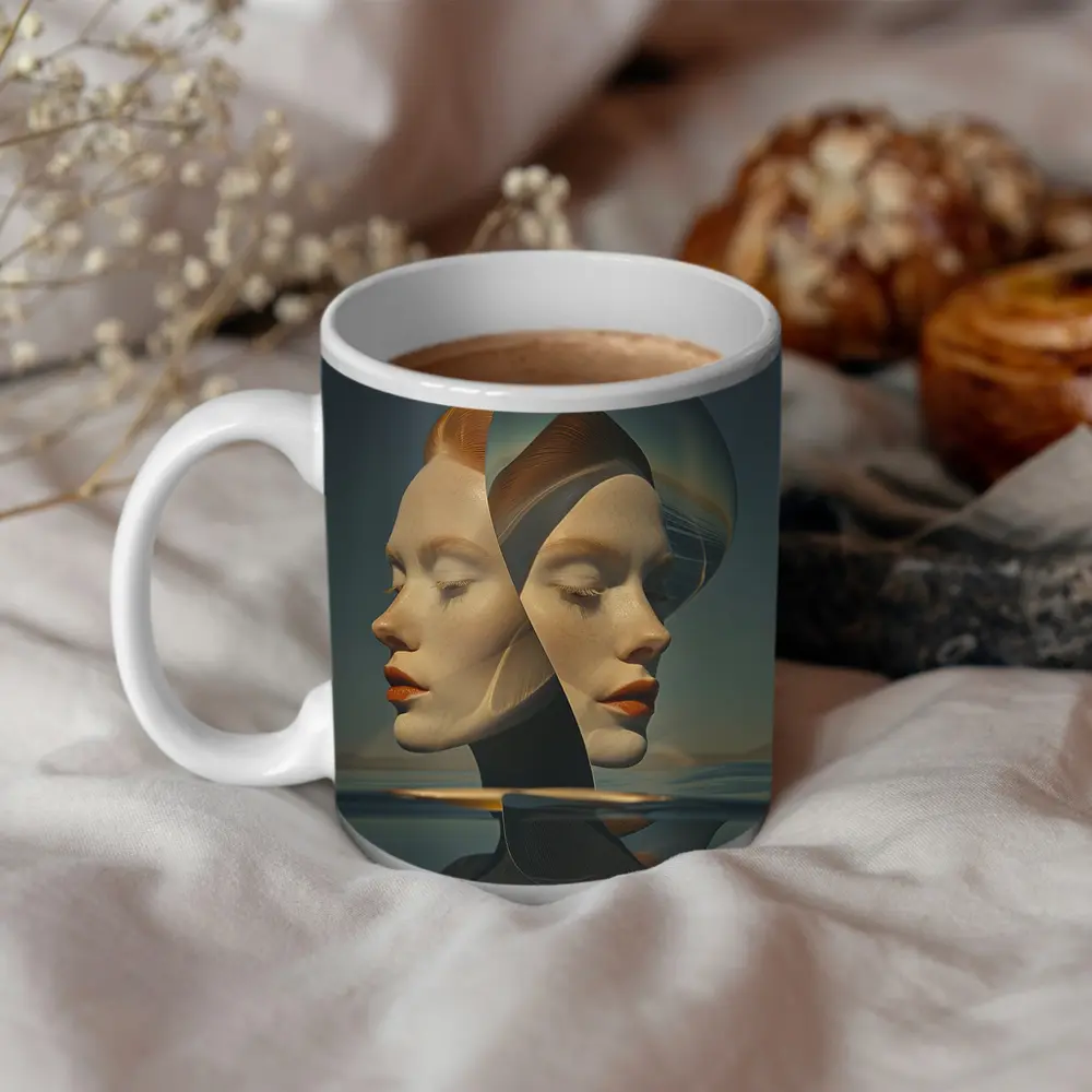 Surreal Double Face Portrait With Orange – Mugs