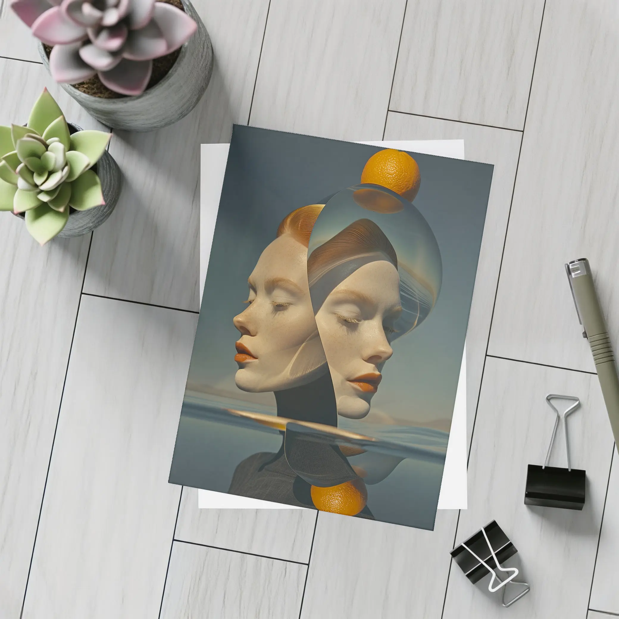 Surreal Double Face Portrait With Orange – Postcards