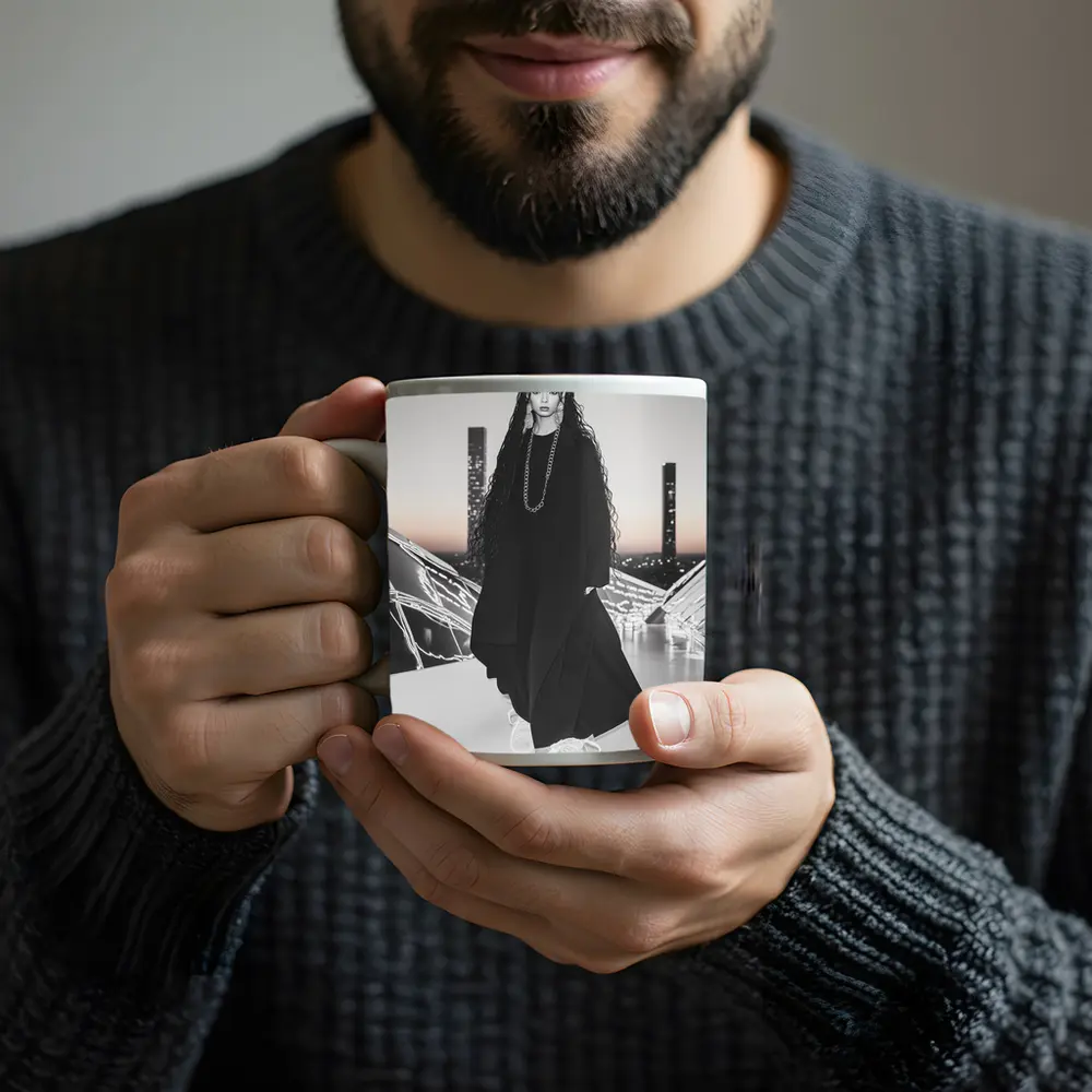Fashion Woman Black Outfit City Night – Mugs
