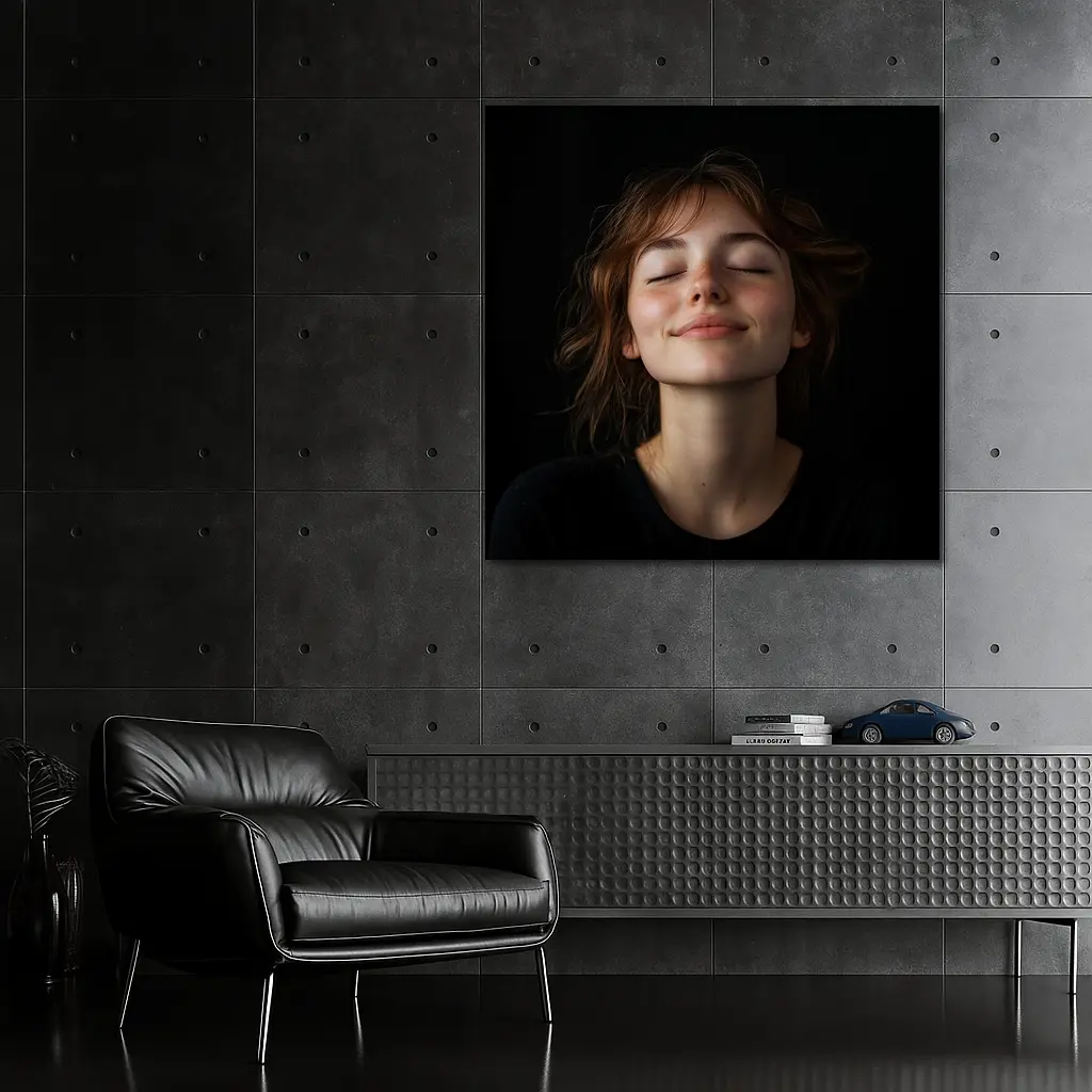 Young Woman Smiling Eyes Closed Dark Background – Wall Art