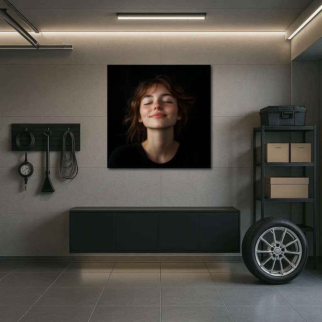 Young Woman Smiling Eyes Closed Dark Background – Wall Art