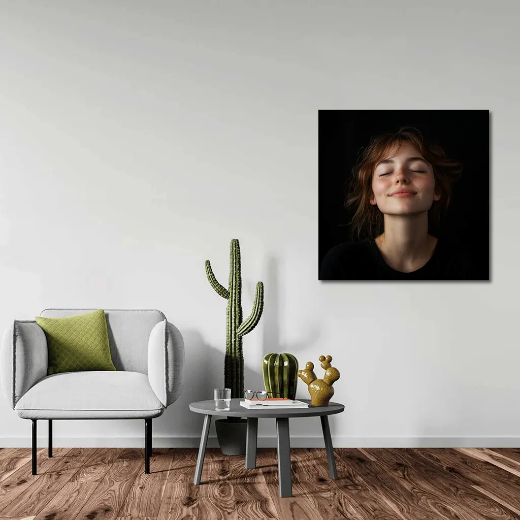 Young Woman Smiling Eyes Closed Dark Background – Wall Art