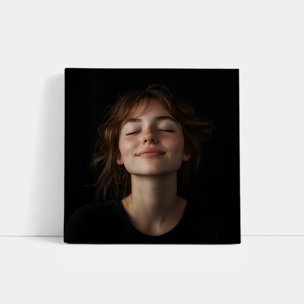Young Woman Smiling Eyes Closed Dark Background – Wall Art