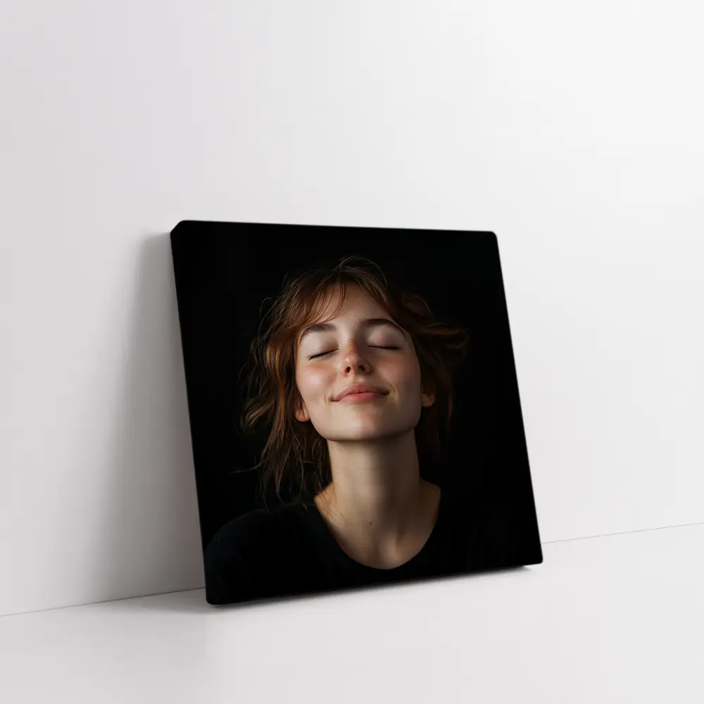 Young Woman Smiling Eyes Closed Dark Background – Wall Art