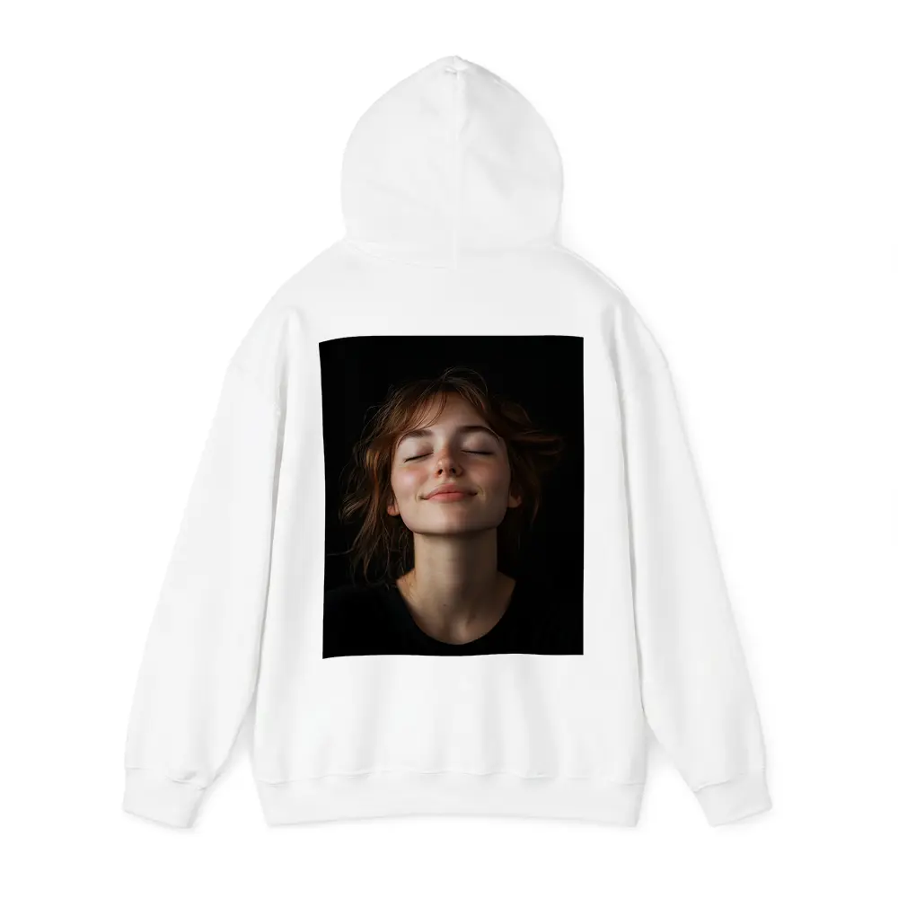 Young Woman Smiling Eyes Closed Dark Background – Hoodies