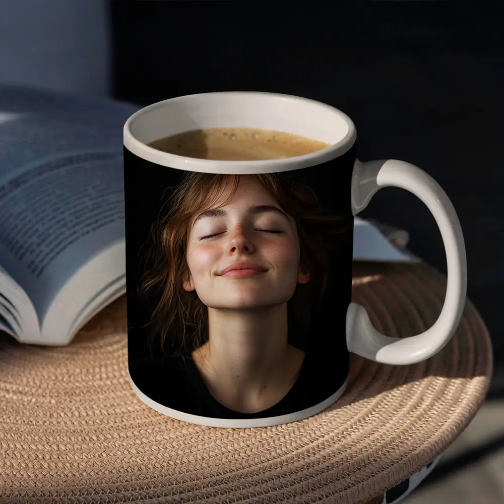 Young Woman Smiling Eyes Closed Dark Background – Mugs