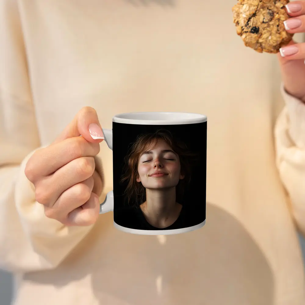 Young Woman Smiling Eyes Closed Dark Background – Mugs