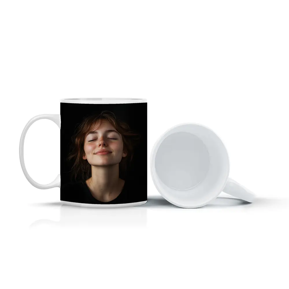 Young Woman Smiling Eyes Closed Dark Background – Mugs